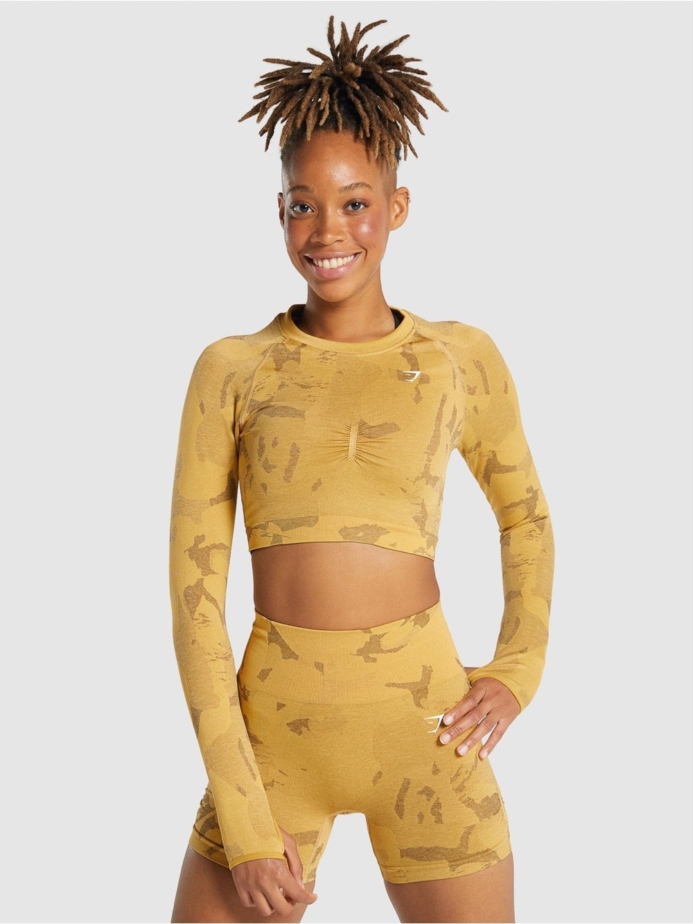 Gymshark Adapt Camo Seamless Long Sleeve Crop Top Savanna Yellow Size XS